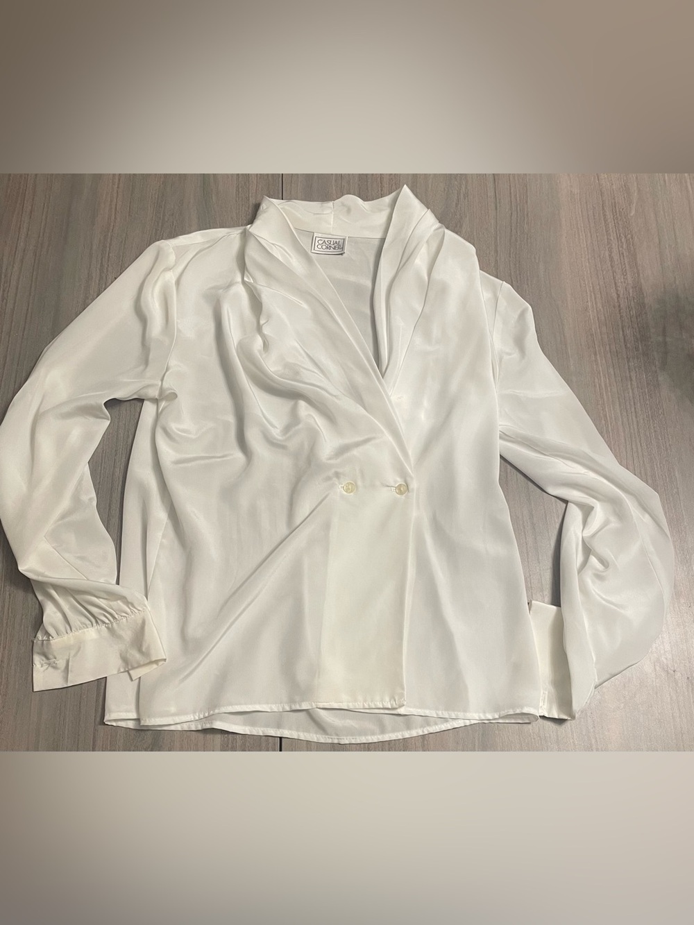 Vintage 90s Casual Corner White Satin Wrap Blouse Draped Shawl Collar S/M